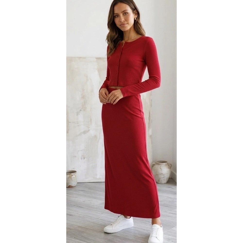 Auden Women's Size XL Variegated Ribbed Lounge Skirt & Cardigan- Red NWT